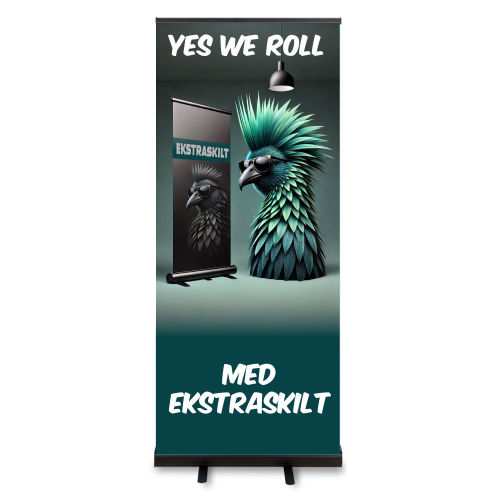 Rollup med trykk – sort kassett 85x200 cm, profesjonell banner for messer og kampanjer fra Ekstraskilt.no