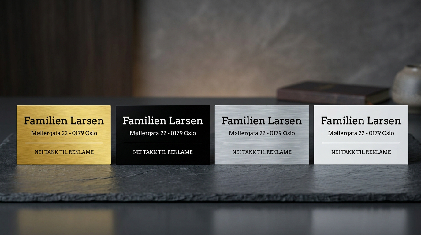 Postkasseksilt i 4 ulike utførelser - Gull, sort, sølv, hvit.